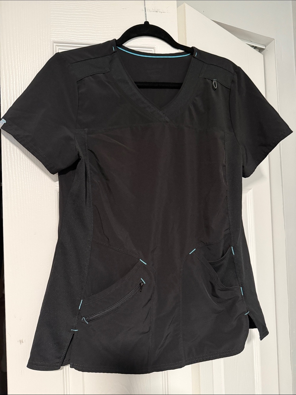 Black Women's V-Neck Scrub Top and Bottom with Accent Stitching